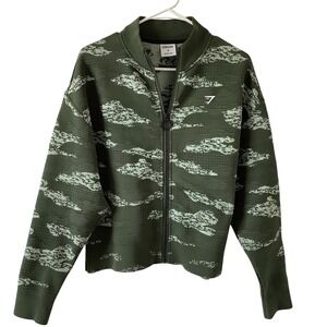 Gymshark Womens Green Camo Seamless Full Zip Jacket Mock Neck B3A9G Size M